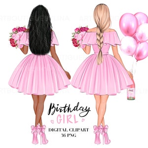 Może przedstawiać: Cyfrowa grafika przedstawiająca dwie postacie w różowych sukienkach, trzymające bukiety i balony. Tekst "Birthday Girl" jest wyświetlany kursywą. Postacie noszą różowe szpilki. Obraz jest oznaczony jako "Digital Clipart 36 PNG".