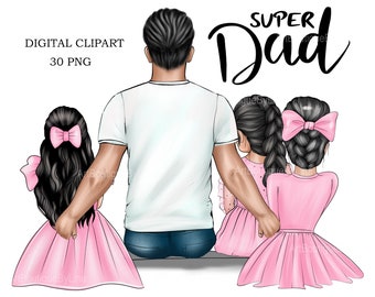 Clipart del Día del Padre: Papá y sus tres hijas (30 PNG) (Descarga digital)