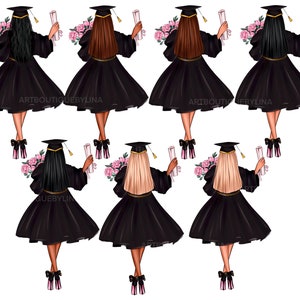 May include: Six illustrations of women wearing black graduation gowns and caps, holding diplomas and bouquets of pink flowers. Each woman has a different hair color: black, brown, blonde, and two more black haired women.
