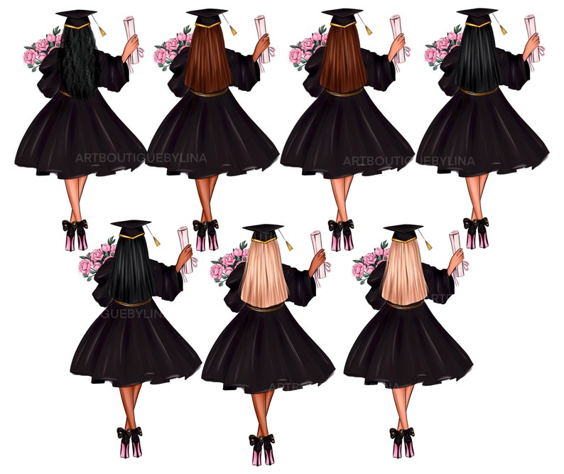 May include: Six illustrations of women wearing black graduation gowns and caps, holding diplomas and bouquets of pink flowers. Each woman has a different hair color: black, brown, blonde, and two more black haired women.