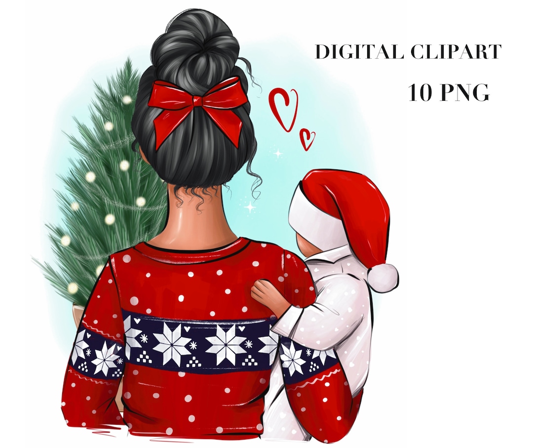 Christmas Clipart Mother and Child, Christmas Tree Gifts Clipart, Santa