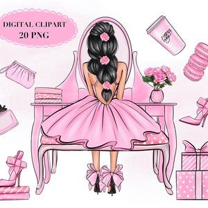 Pink make up digital clipart set, Pink fashion clipart, Cute girl, Beautiful pink clipart, Small commercial use