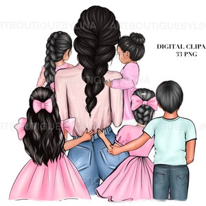 Mother with Daughters and Son Clipart: Family PNG (Digital Download)