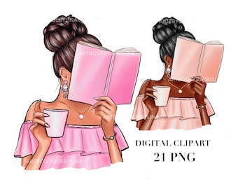 Clipart de Garota Rata de Biblioteca: Leitura de Livros, Gráficos de Planejador (Download Digital)