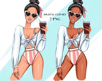 Clipart de chica de verano: Ilustración de moda playera (Descarga digital PNG)
