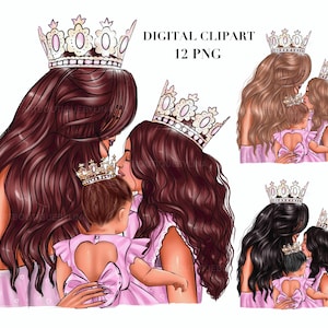 Mother Daughter Princess Clipart: Fashion Illustration, DIY Graphics (12 PNG) (Digital Download)