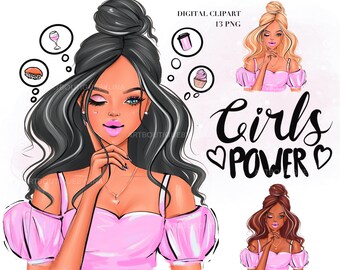 May include: Digital illustration of three women with black, blonde, and brown hair wearing pink off-the-shoulder tops. The women are all looking at the viewer and have their hands on their chins. The text "Girls Power" is written in black with pink hearts on either side.