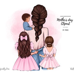 Mother son and two daughters clipart, mom 3 kids clipart, mom clipart, mommy clipart, Mother’s Day clipart