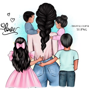Mother with 4 Kids Clipart: Mom&#39;s Day PNG Graphics (32 PNG, Digital Download)