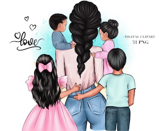 Mother with 4 Kids Clipart: Mom's Day PNG Graphics (32 PNG, Digital Download)