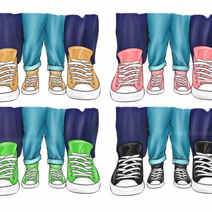 Puede incluir: Cuatro pares de zapatillas de deporte en diferentes colores, incluyendo amarillo, rosa, verde y negro. Cada par tiene un color diferente para los cordones y los zapatos est&aacute;n dispuestos en dos filas de dos pares.