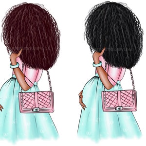 Puede incluir: Dos ilustraciones de una mujer con el pelo rizado que lleva una blusa rosa, una falda azul claro y un bolso de mano acolchado rosa con una correa de cadena.
