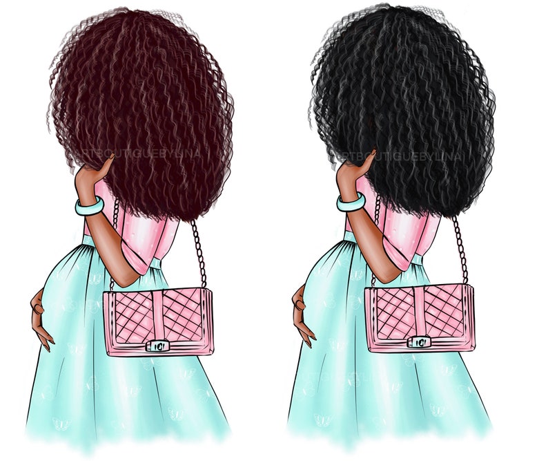 Puede incluir: Dos ilustraciones de una mujer con el pelo rizado que lleva una blusa rosa, una falda azul claro y un bolso de mano acolchado rosa con una correa de cadena.
