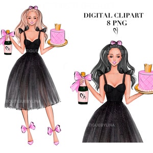 Birthday Girl Clipart: Fashion Party Illustrations (PNG, Digital Download)