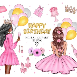 Geburtstag Clipart Mode-Illustration, Geburtstagsparty ClipArt, Mode Mädchen Feier Illustrationen, Geburtstagsparty Clipart