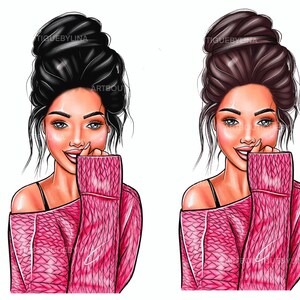 May include: Two illustrations of women with different hair colors, both wearing pink sweaters with a knitted texture. They are both smiling and have their hands near their faces.