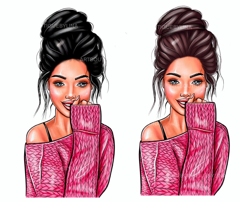 May include: Two illustrations of women with different hair colors, both wearing pink sweaters with a knitted texture. They are both smiling and have their hands near their faces.