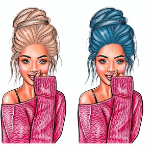 May include: Two illustrations of a woman with a pink sweater, one with blonde hair and one with blue hair. Both women are smiling and have their hands on their cheeks.