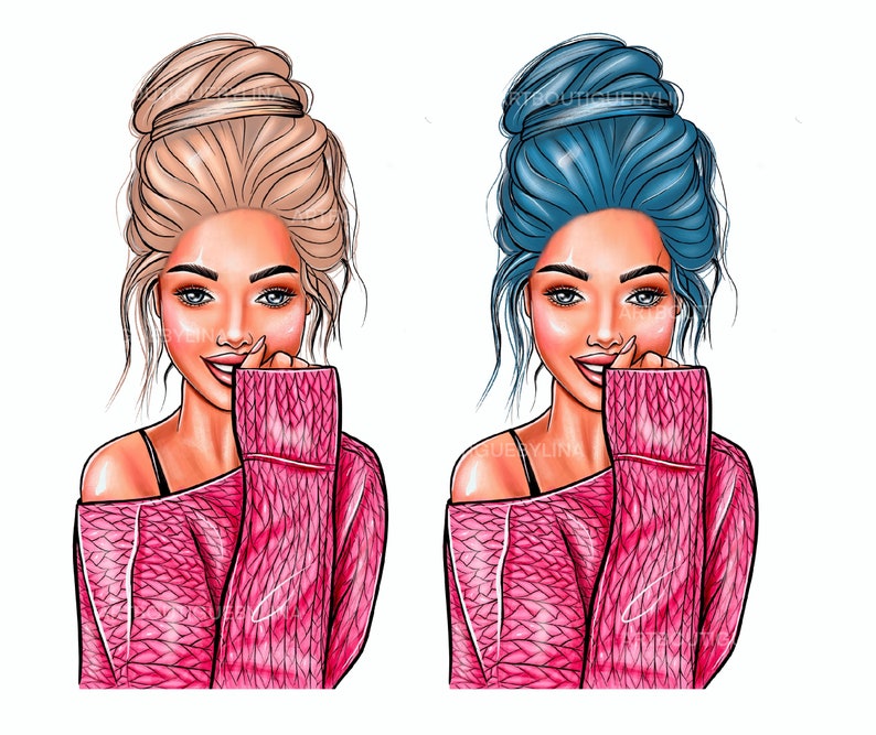 May include: Two illustrations of a woman with a pink sweater, one with blonde hair and one with blue hair. Both women are smiling and have their hands on their cheeks.
