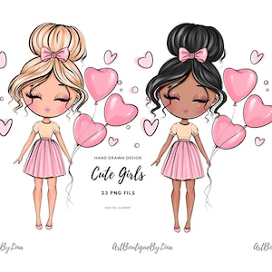 Cute Pink Girl with heart balloon Clipart, Girl celebration PNG, Pink balloon, Birthday party, PNG for Creative Projects
