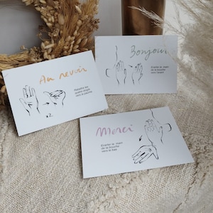 Lot 3 Cartes mots LSF | Bonjour Merci Au revoir | Cadeaux | Anniversaire | Remerciement | Maîtresse ATSEM Nounou | Carte bébé signe | CGAP