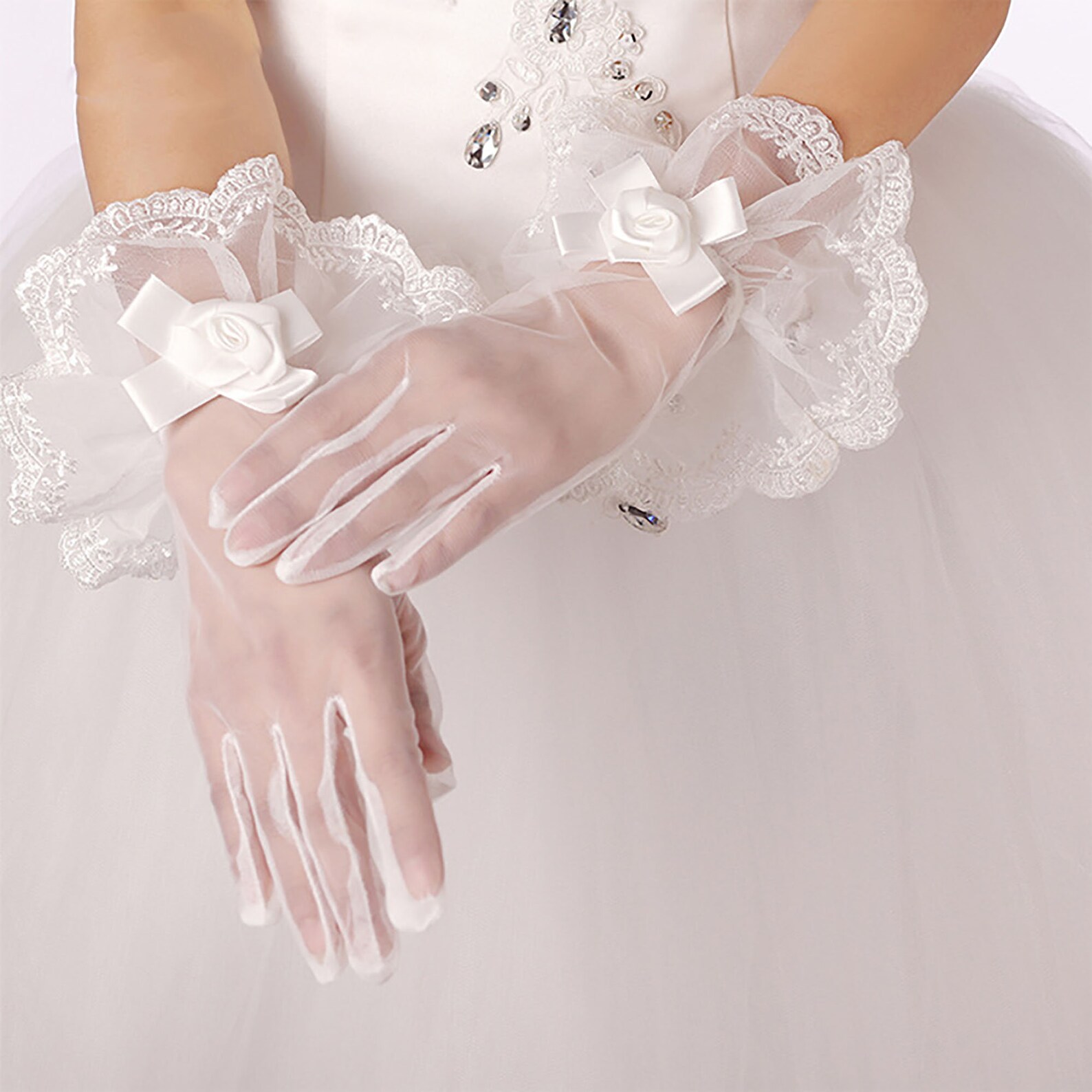 Guanti In Pizzo Da Sposa Vintage - Guanti Corti Con Motivo Floreale Per Cerimonie E Feste - Foto 6