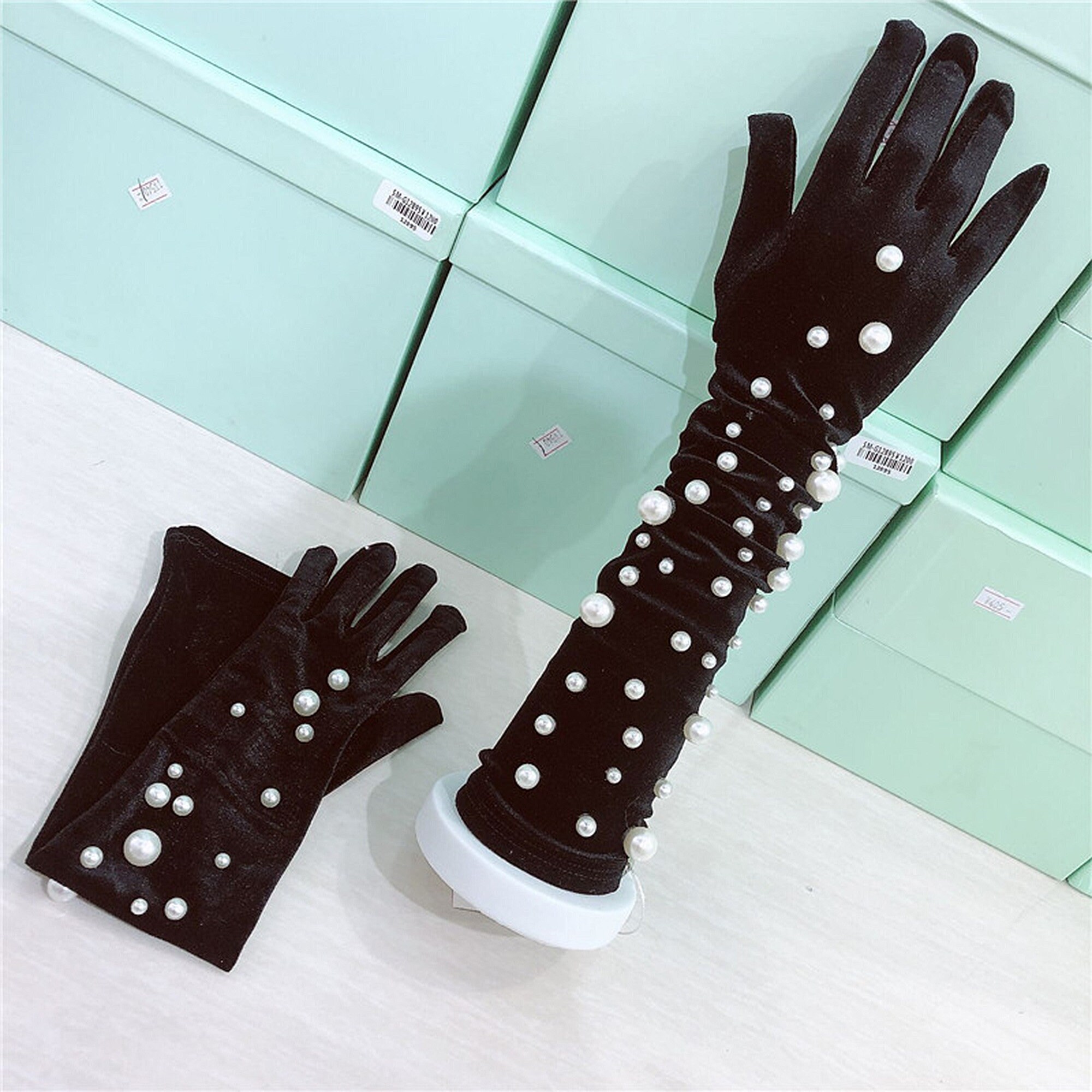 Black Pearl Gloves Long Velvet Gloves Bridal Gloves Wedding Etsy