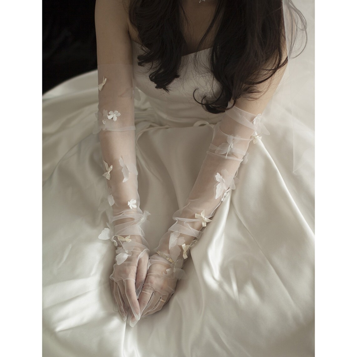 Mesh Lace Butterfly Bridal Gloves White Long Embroidered Etsy