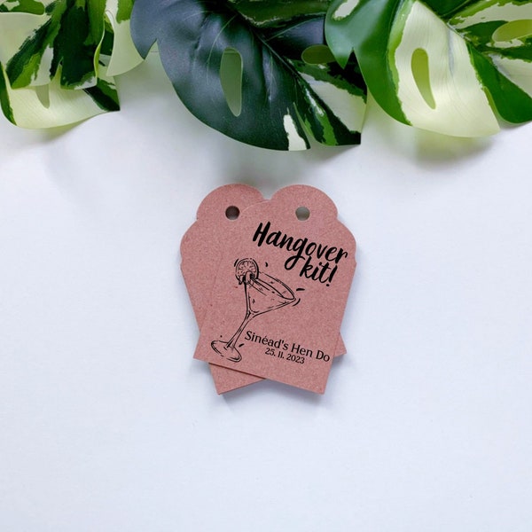 10 Hangover Kit tags, great for party favour boxes, goody & treat bags for hen parties - Can be personalised - 3x2" in size