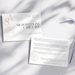 Lot de 20 cartes de soins post-traitement Microneedling recto-verso A6 - Informations client imprimées pour les salons de coiffure et les cliniques de soins de la peau