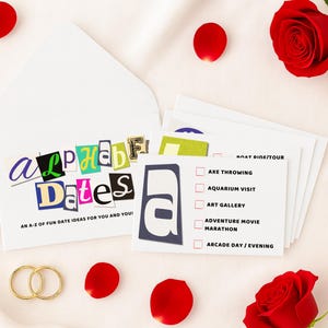 Tarjetas con ideas para citas con el alfabeto: un divertido regalo para parejas, un regalo romántico para tu pareja o para un aniversario.