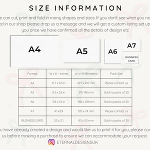 a table with information about different sizes of business cards, including A4, A5, A6, and A7, along with their corresponding width and height measurements.
