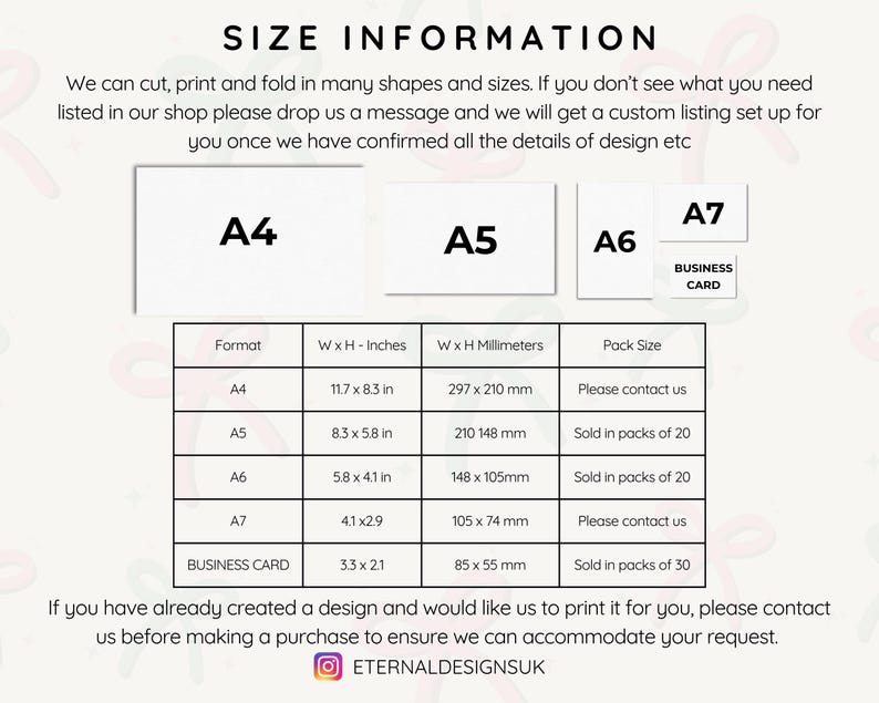 a table with information about different sizes of business cards, including A4, A5, A6, and A7, along with their corresponding width and height measurements.