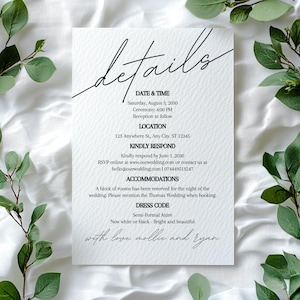 Op de afbeelding: Een witte trouwkaart met zwarte tekst, inclusief datum, tijd, locatie en RSVP-informatie. De kaart is versierd met groene bladeren en de woorden "with love mollie and ryan".