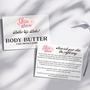 Lot de 20 cartes de soins au beurre pour le corps recto-verso A6 - Informations imprimées sur l'utilisation et le stockage pour les soins de la peau faits main et les salons de coiffure