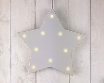 Pine Wooden Hanging Pre-Lit Grey Star Decoration with 10 Warm White LED Lights