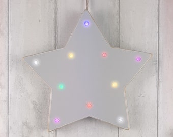 Pine Wooden Hanging Pre-Lit Grey Star Decoration with 10 Rainbow LED Lights