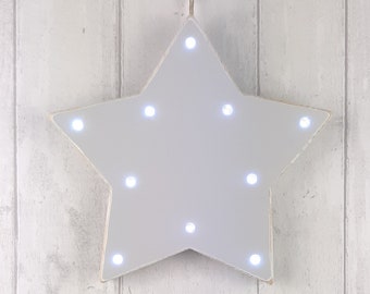 Pine Wooden Hanging Pre-Lit Grey Star Decoration with 10 Cool White LED Lights