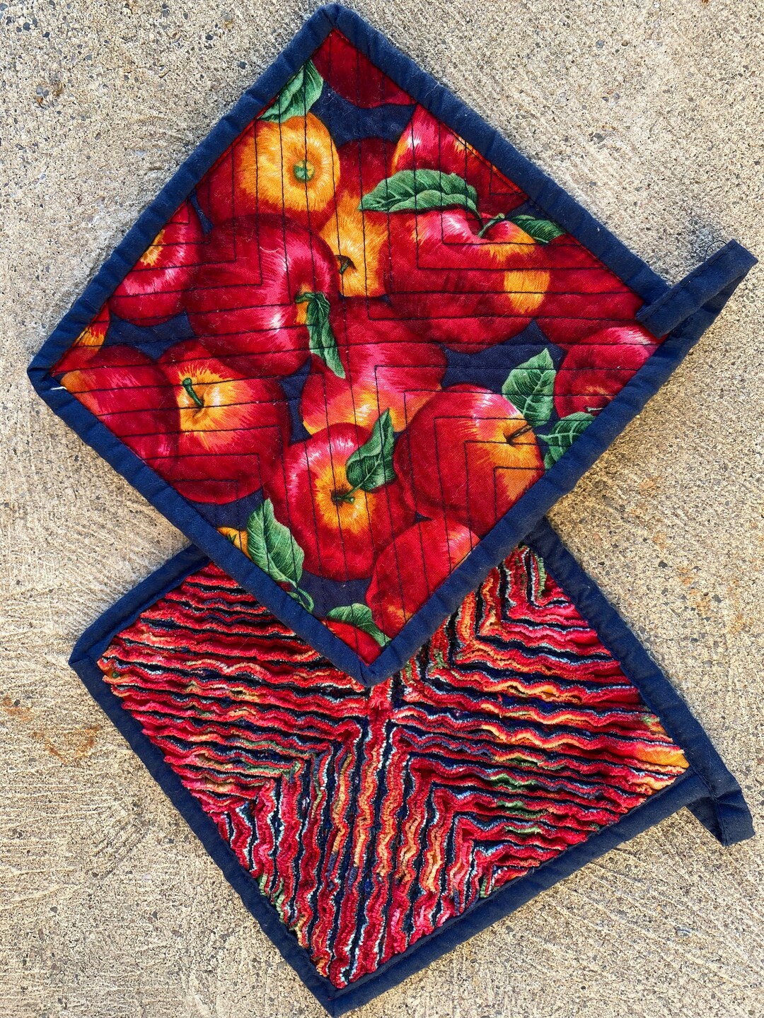 Chenille Hot Pads/pot Holders, Blue, Red, Apples, Handcrafted, Home