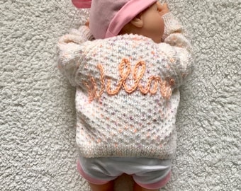 Knitted personalised baby name cardigan-hand embroidered baby gift-block colour jumper- coming home outfit- custom knitted clothes baby