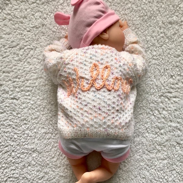 Knitted personalised baby name cardigan-hand embroidered baby gift-block colour jumper- coming home outfit- custom knitted clothes baby