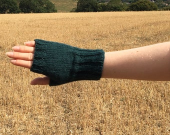 Pure merino wool fingerless gloves-woman’s knitted green mittens-gift for dog walker or gardener-secret Santa gift for her