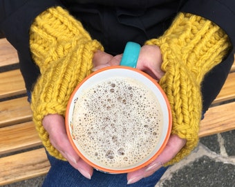 Chunky wool fingerless ladies gloves- winter arm warmers- knitted wool mittens- gift for her- pink gloves- yellow gloves- brown gloves