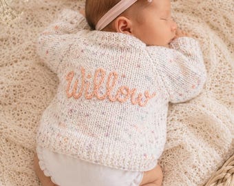Personalised Birth Announcement Baby Cardigan | Hand Knitted Baby Name Cardigan | Newborn Announcement Outfit | Hello World Baby Gift