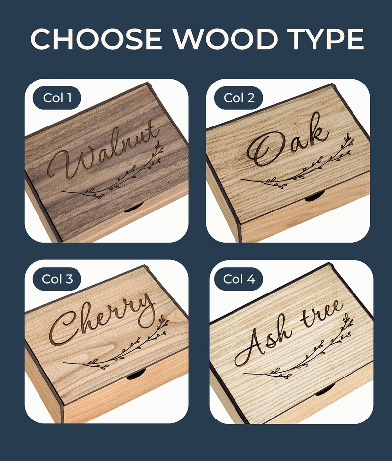 Puede incluir: Cuatro cajas de madera que muestran diferentes tipos de madera: nogal, roble, cerezo y fresno. Cada caja tiene un caj&oacute;n y un delicado dise&ntilde;o de hojas grabado.