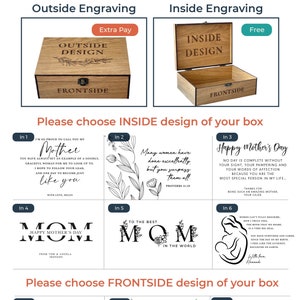 Puede incluir: Una caja de madera con tapa abatible y cierre. La caja tiene un tinte marr&oacute;n y est&aacute; grabada con las palabras "Inside Design" y "Frontside". La caja est&aacute; abierta y sobre un fondo blanco. La imagen tambi&eacute;n muestra varios dise&ntilde;os diferentes para el interior y el frente de la caja, incluyendo dise&ntilde;os florales, texto e im&aacute;genes de una madre y un ni&ntilde;o.