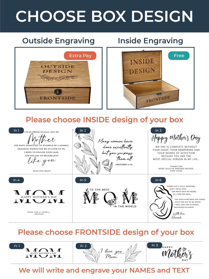 Puede incluir: Una caja de madera con tapa abatible y cierre. La caja tiene un tinte marr&oacute;n y est&aacute; grabada con las palabras "Inside Design" y "Frontside". La caja est&aacute; abierta y sobre un fondo blanco. La imagen tambi&eacute;n muestra varios dise&ntilde;os diferentes para el interior y el frente de la caja, incluyendo dise&ntilde;os florales, texto e im&aacute;genes de una madre y un ni&ntilde;o.