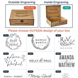 May include: Wooden box design options with outside and inside engraving. Includes examples of personalized text and names, such as "Rachel & Michael" and "Markus & Greta". The text "CHOOSE BOX DESIGN" is at the top.