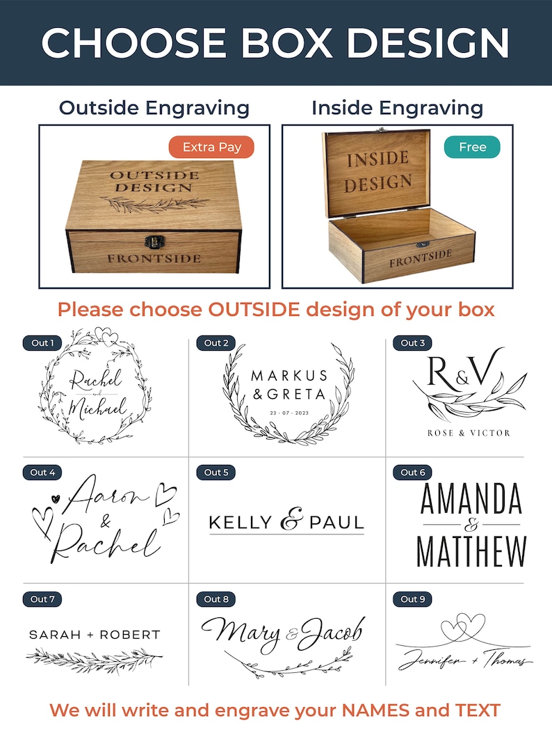 May include: Wooden box design options with outside and inside engraving. Includes examples of personalized text and names, such as "Rachel & Michael" and "Markus & Greta". The text "CHOOSE BOX DESIGN" is at the top.