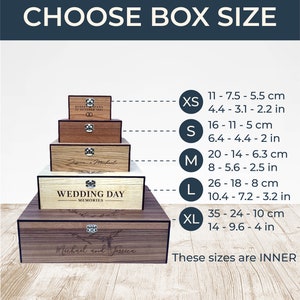 May include: Wooden boxes in various sizes, labeled XS to XL, with engraved names and dates. The boxes are displayed with their dimensions in inches and centimeters. The text "CHOOSE BOX SIZE" is at the top.
